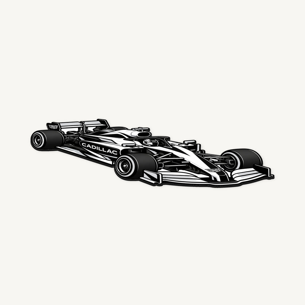 Cadillac F1 Car Sign — angled view showing the thin plaque profile; illustrative rendering