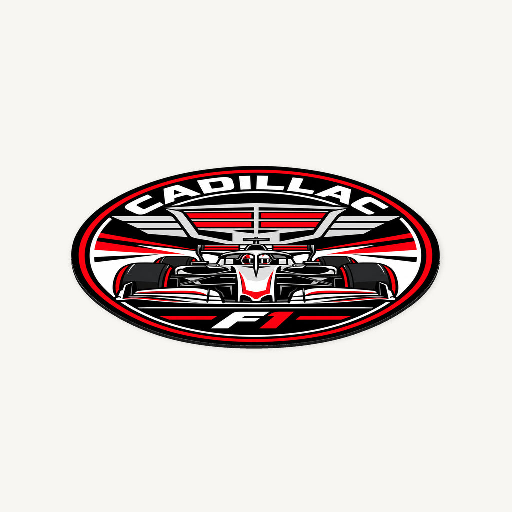 Cadillac F1 Team Seal — angled view showing the thin plaque profile; illustrative rendering