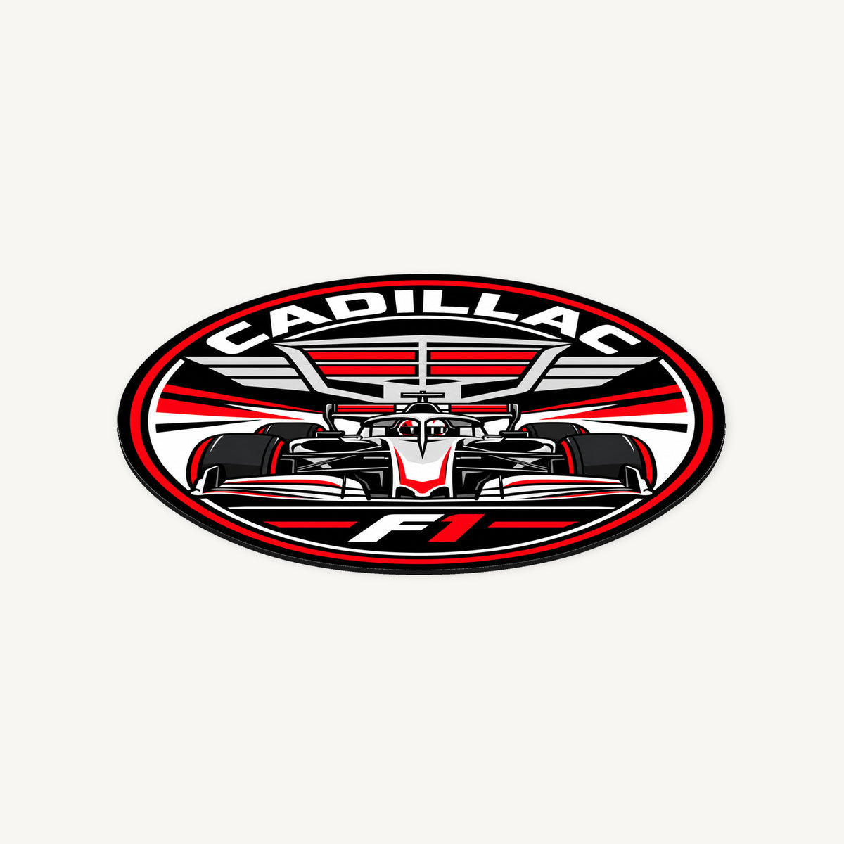 Cadillac F1 Team Seal — angled view showing the thin plaque profile; illustrative rendering