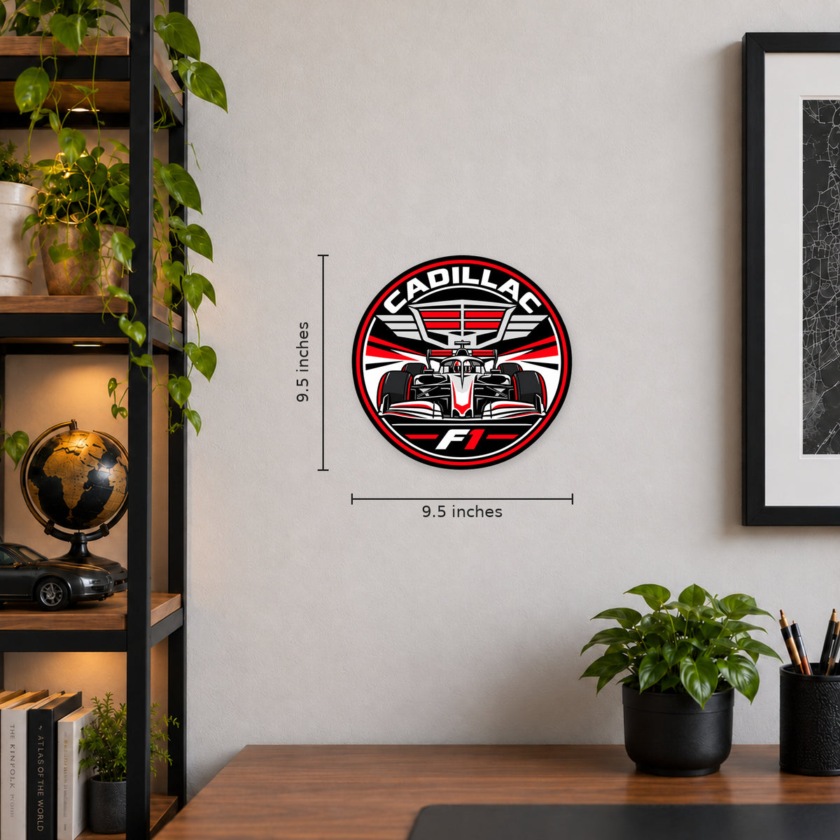 Cadillac F1 Team Seal — example wall display with 9.5-inch width and height guides; illustrative rendering