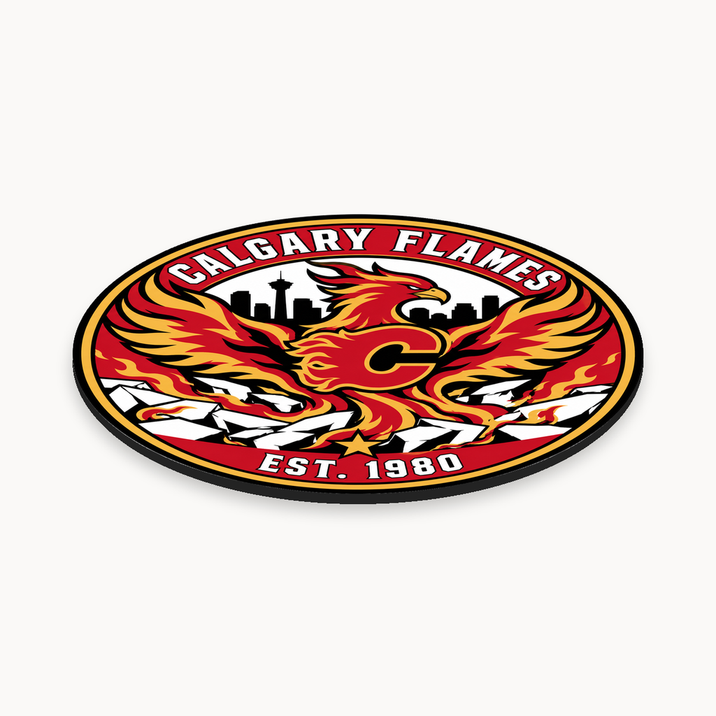 Calgary Flames NHL seal — angled thin-profile view; illustrative rendering