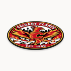 Calgary Flames NHL seal — angled thin-profile view; illustrative rendering