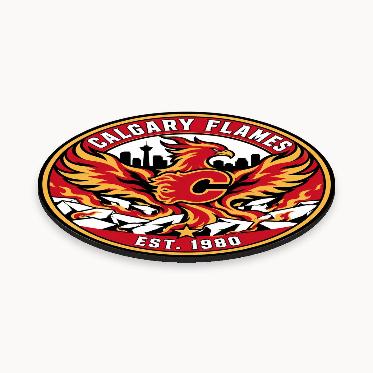 Calgary Flames NHL seal — angled thin-profile view; illustrative rendering
