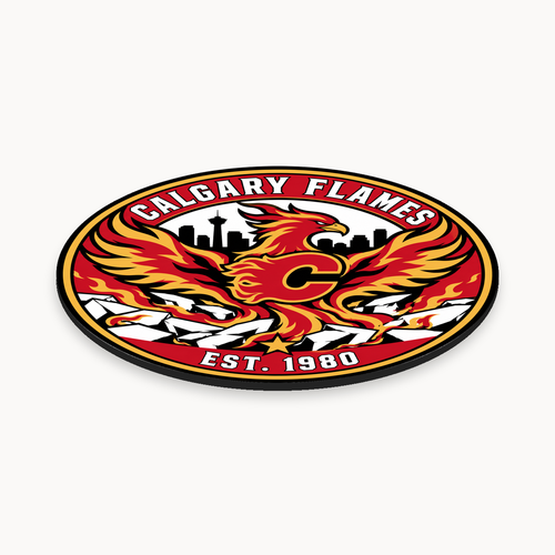 Calgary Flames NHL seal — angled thin-profile view; illustrative rendering