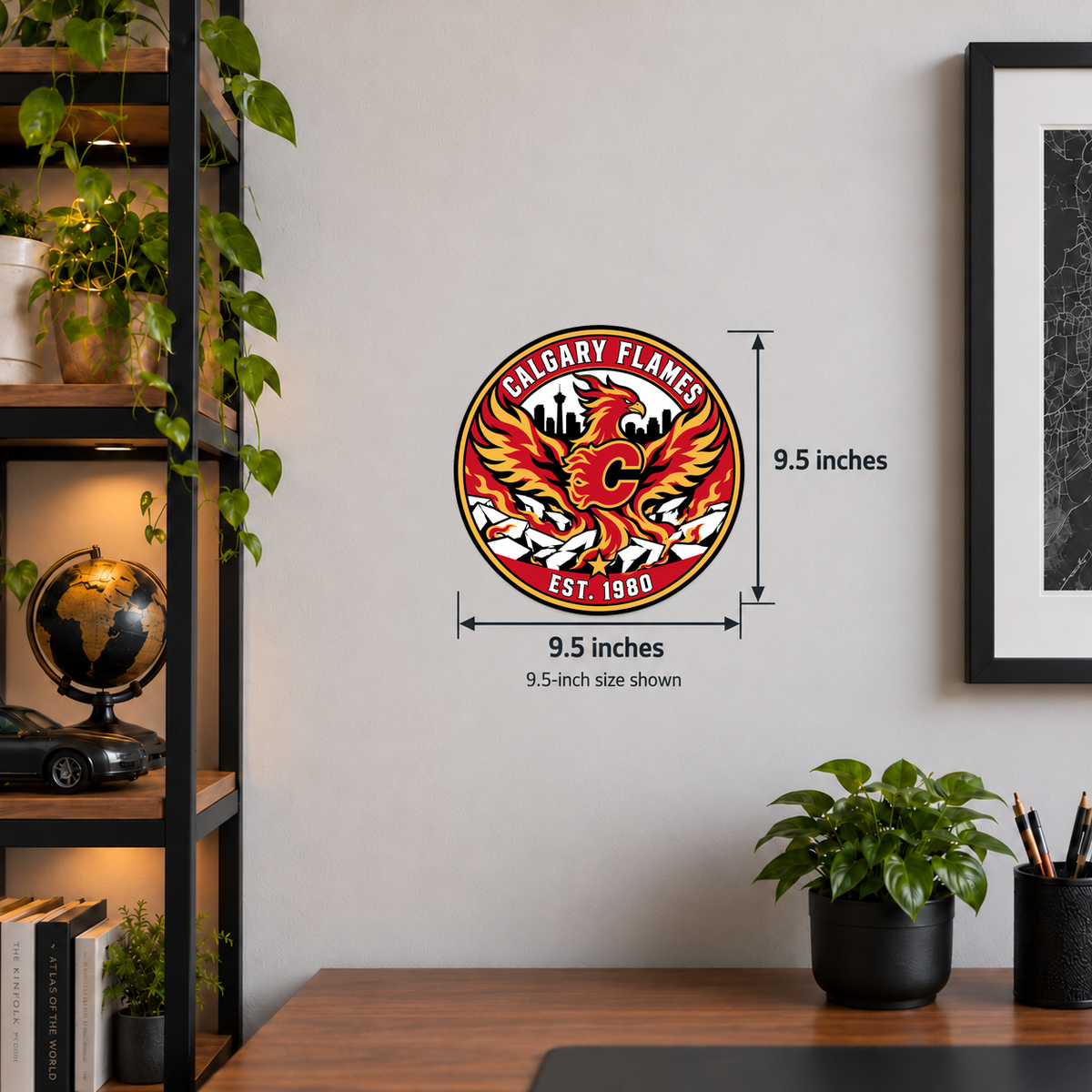 Calgary Flames NHL seal — wall display with 9.5-inch measurements; 9.5-inch size shown; illustrative rendering