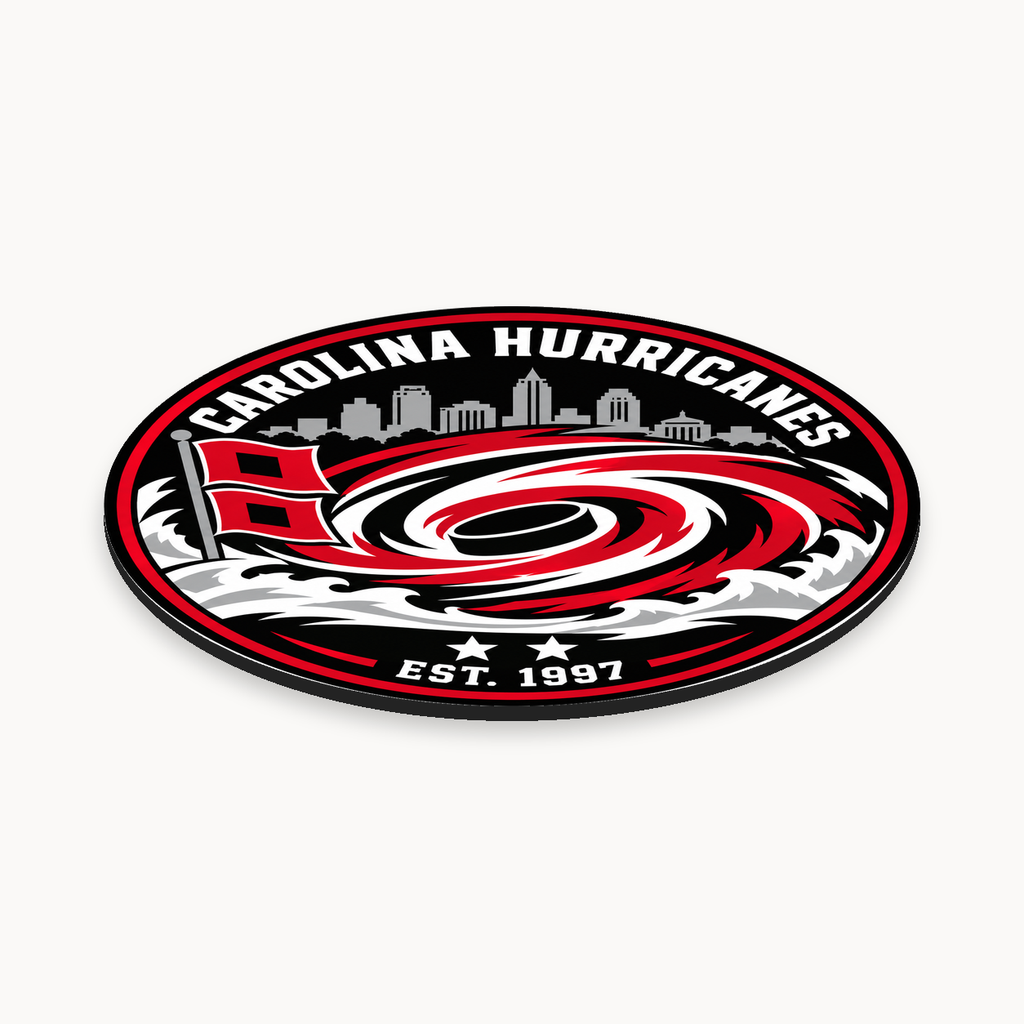 Carolina Hurricanes NHL seal — angled thin-profile view; illustrative rendering