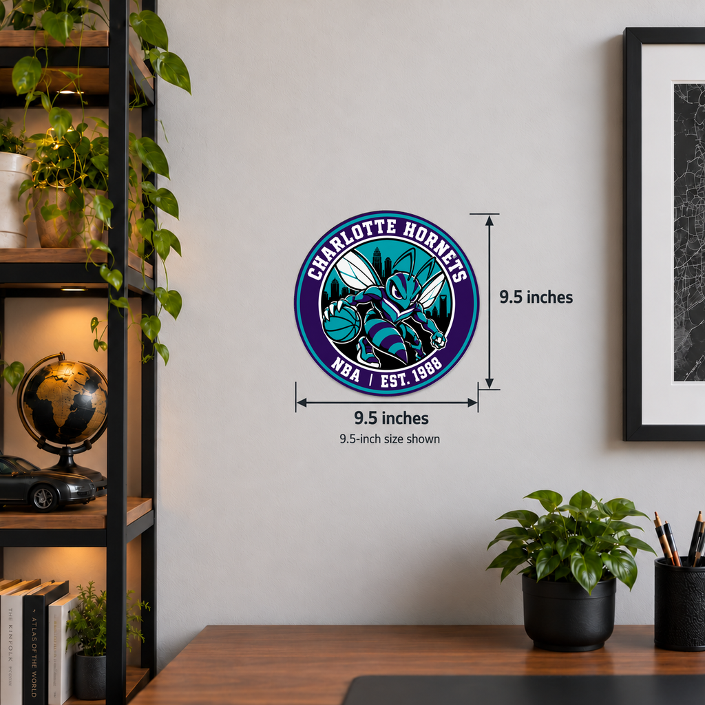 Charlotte Hornets NBA seal — wall display with 9.5-inch width and height measurements; 9.5-inch size shown; illustrative rendering