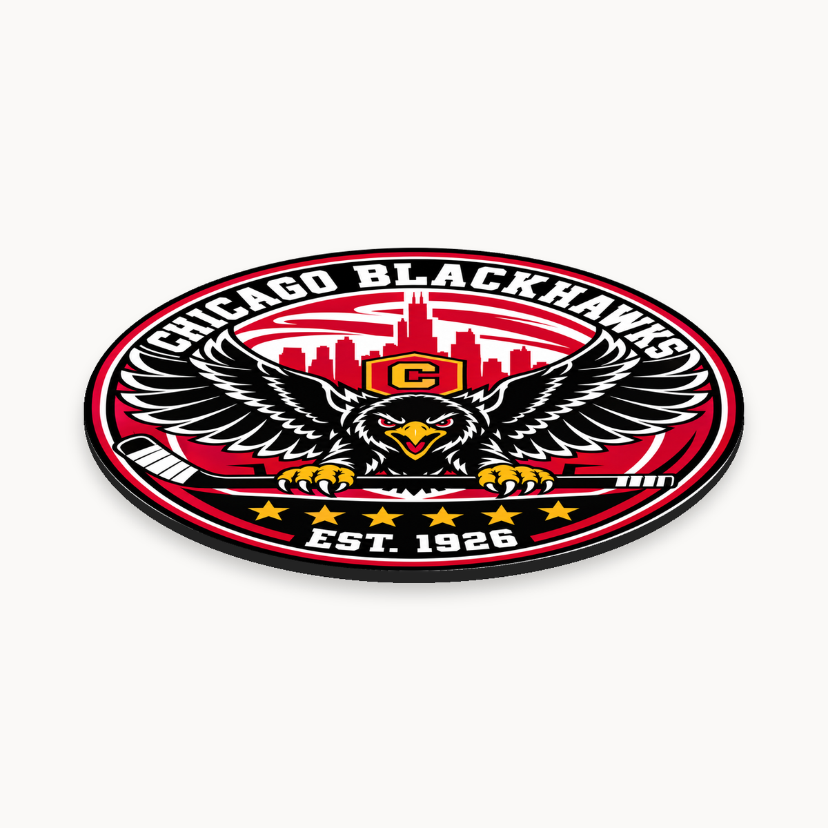 Chicago Blackhawks NHL seal — angled thin-profile view; illustrative rendering