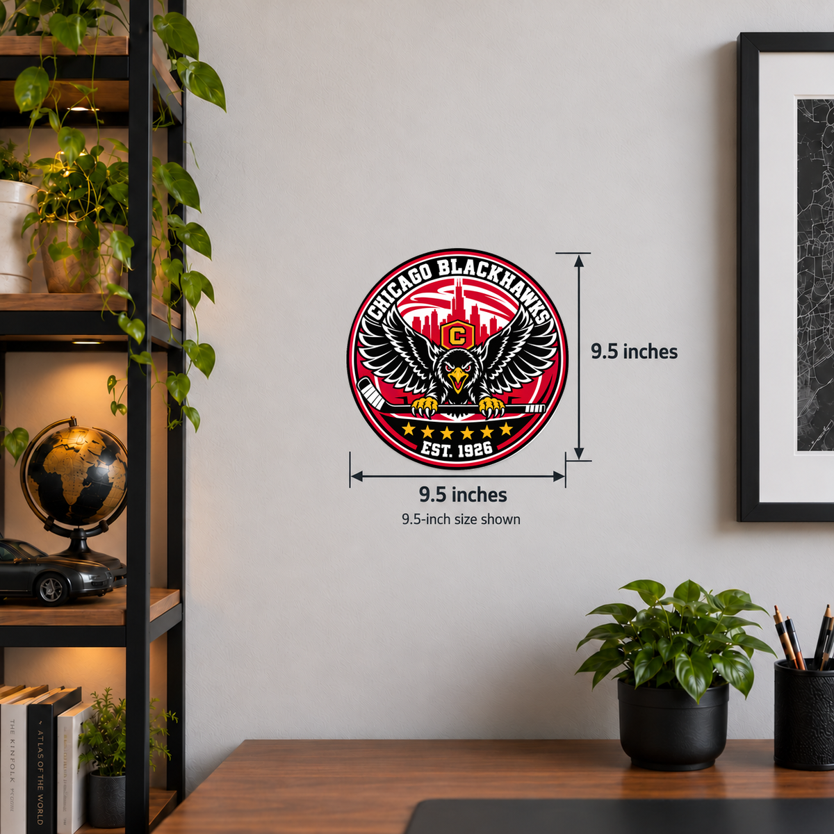 Chicago Blackhawks NHL seal — wall display with 9.5-inch measurements; 9.5-inch size shown; illustrative rendering