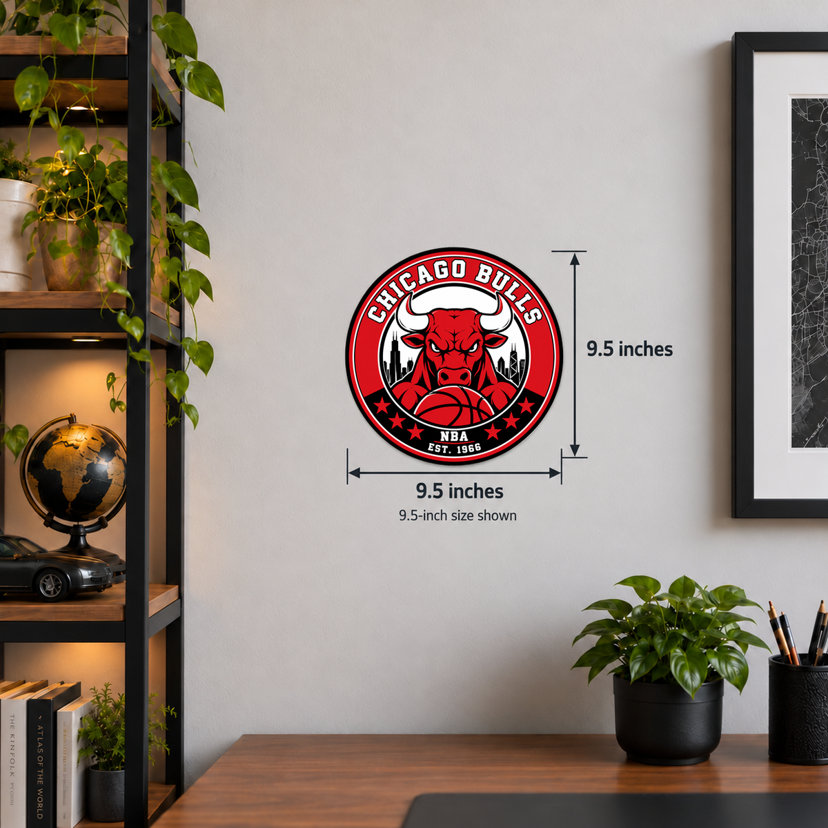 Chicago Bulls NBA seal — wall display with 9.5-inch width and height measurements; 9.5-inch size shown; illustrative rendering
