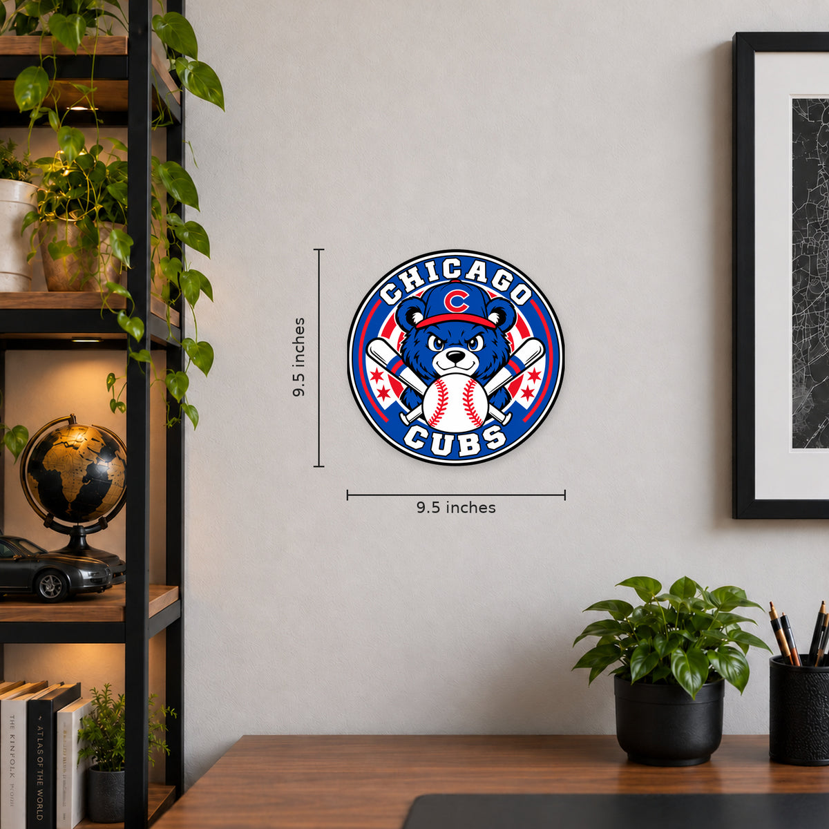 Chicago Cubs MLB Team Seal — example wall display with 9.5-inch width and height guides; illustrative rendering