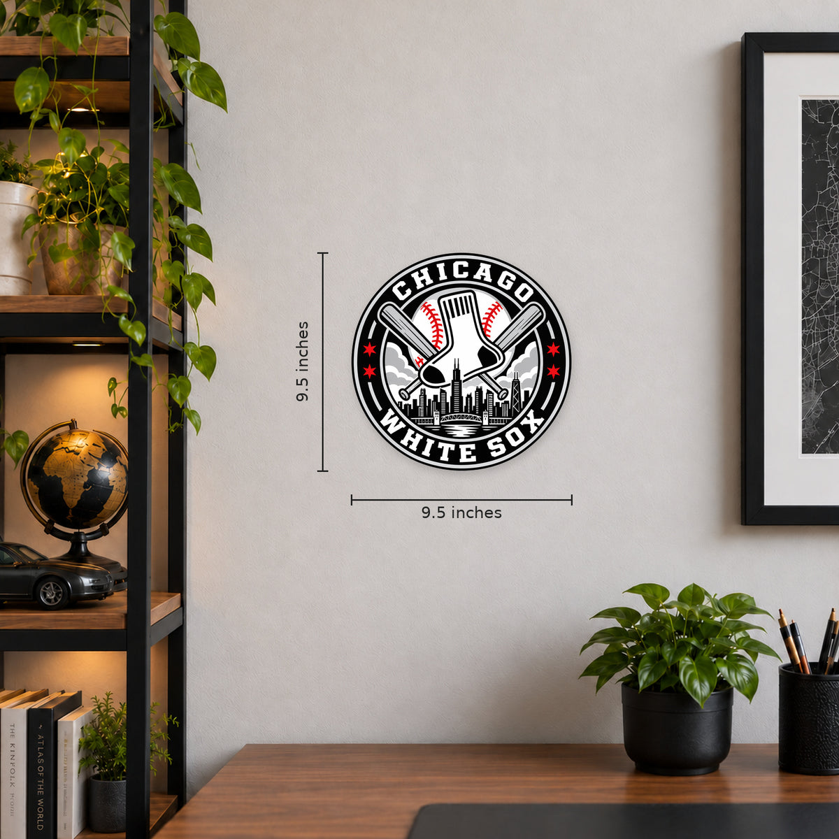 Chicago White Sox MLB Team Seal — example wall display with 9.5-inch width and height guides; illustrative rendering