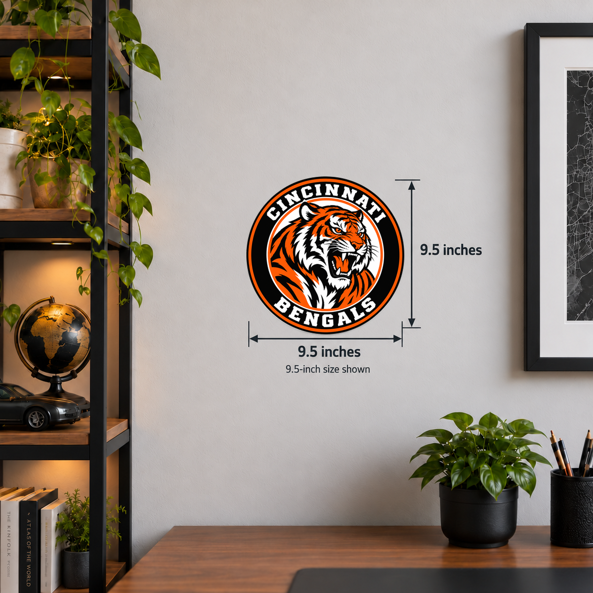 Cincinnati Bengals NFL seal — wall display with 9.5-inch measurements; 9.5-inch size shown; illustrative rendering