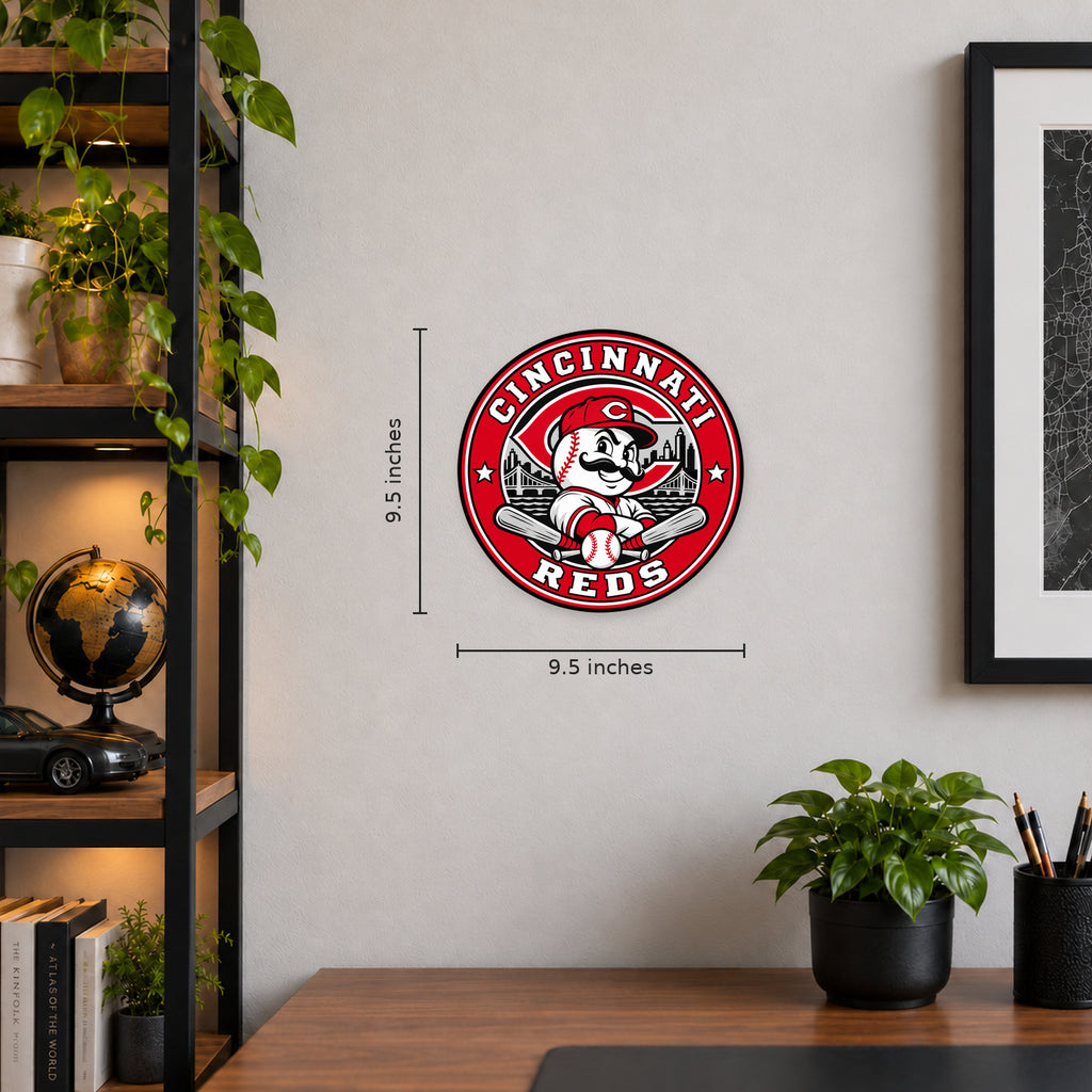 Cincinnati Reds MLB Team Seal — example wall display with 9.5-inch width and height guides; illustrative rendering