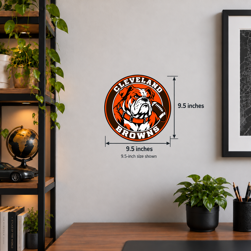 Cleveland Browns NFL seal — wall display with 9.5-inch measurements; 9.5-inch size shown; illustrative rendering