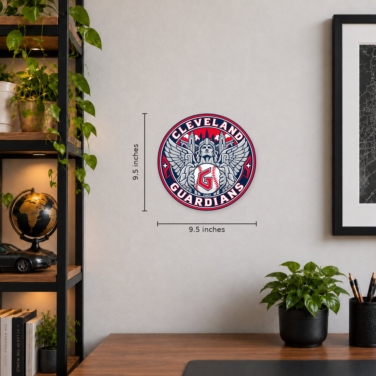 Cleveland Guardians MLB Team Seal — example wall display with 9.5-inch width and height guides; illustrative rendering