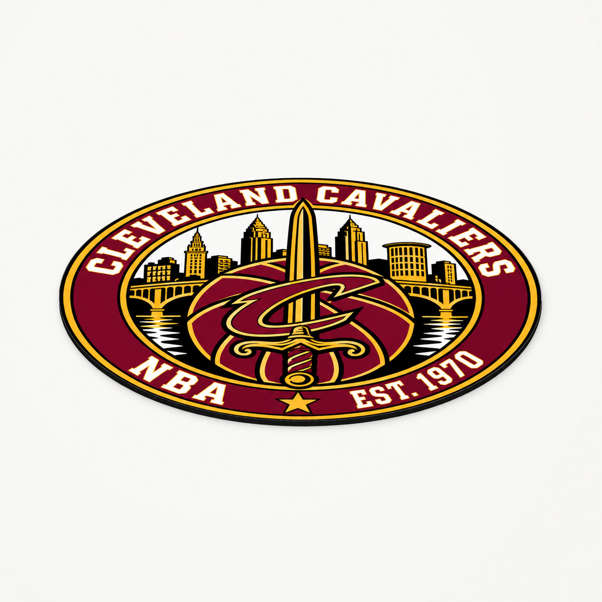 Cleveland Cavaliers NBA seal — angled view showing thin profile; illustrative rendering