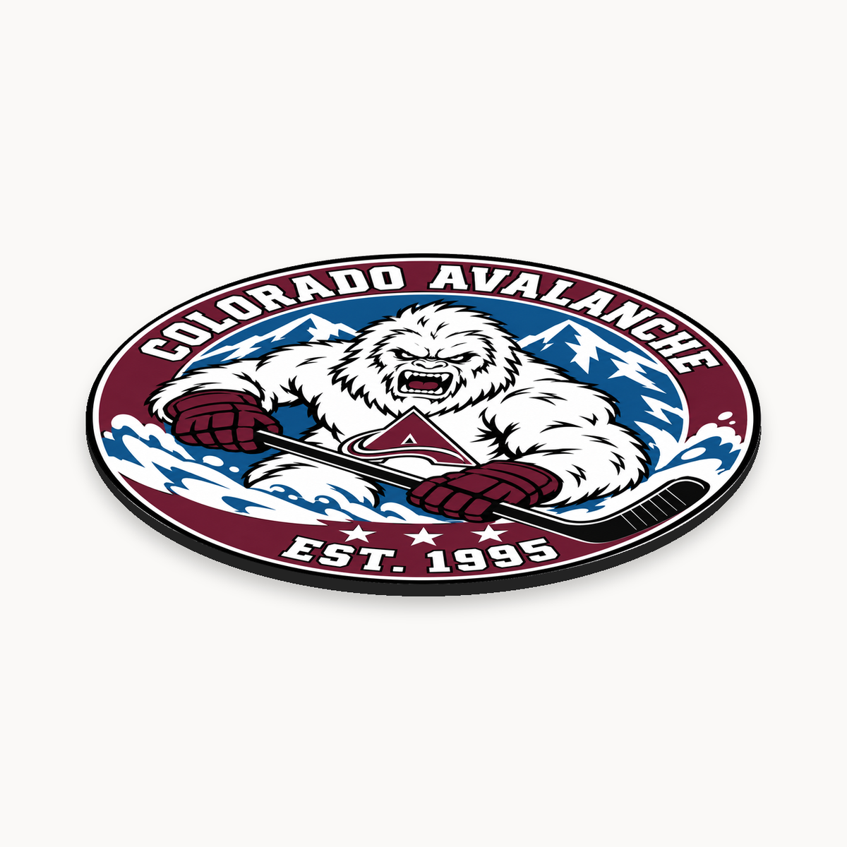 Colorado Avalanche NHL seal — angled thin-profile view; illustrative rendering