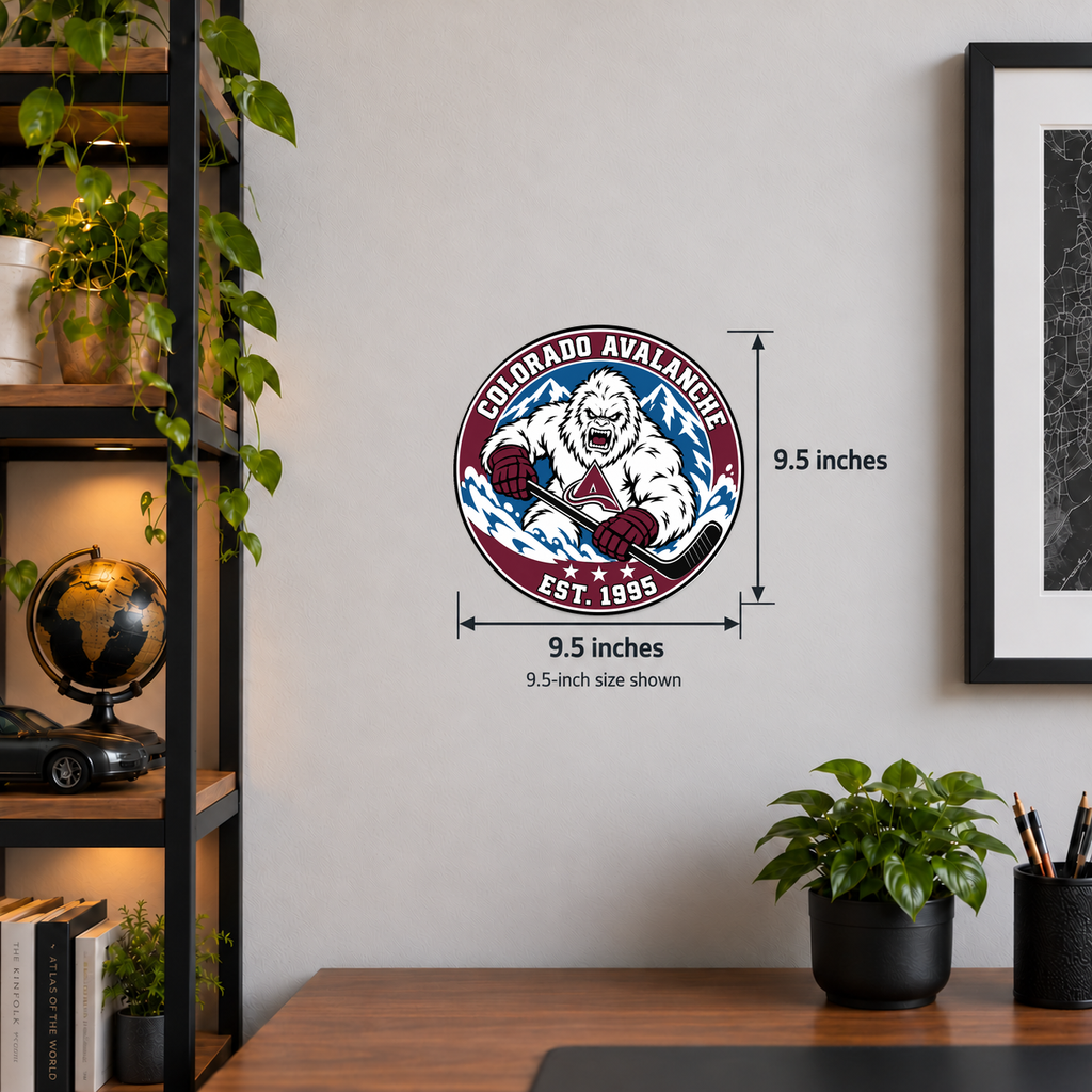 Colorado Avalanche NHL seal — wall display with 9.5-inch measurements; 9.5-inch size shown; illustrative rendering