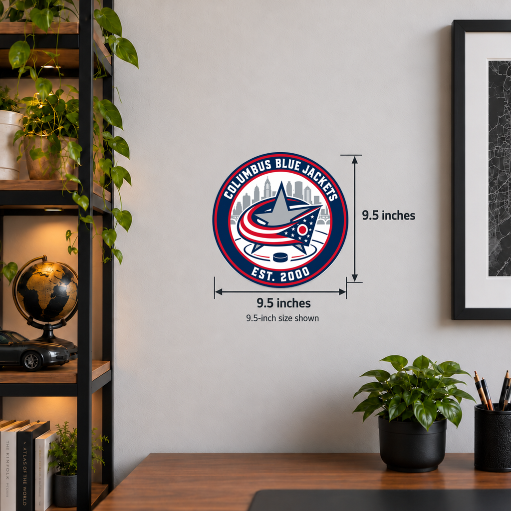 Columbus Blue Jackets NHL seal — wall display with 9.5-inch measurements; 9.5-inch size shown; illustrative rendering