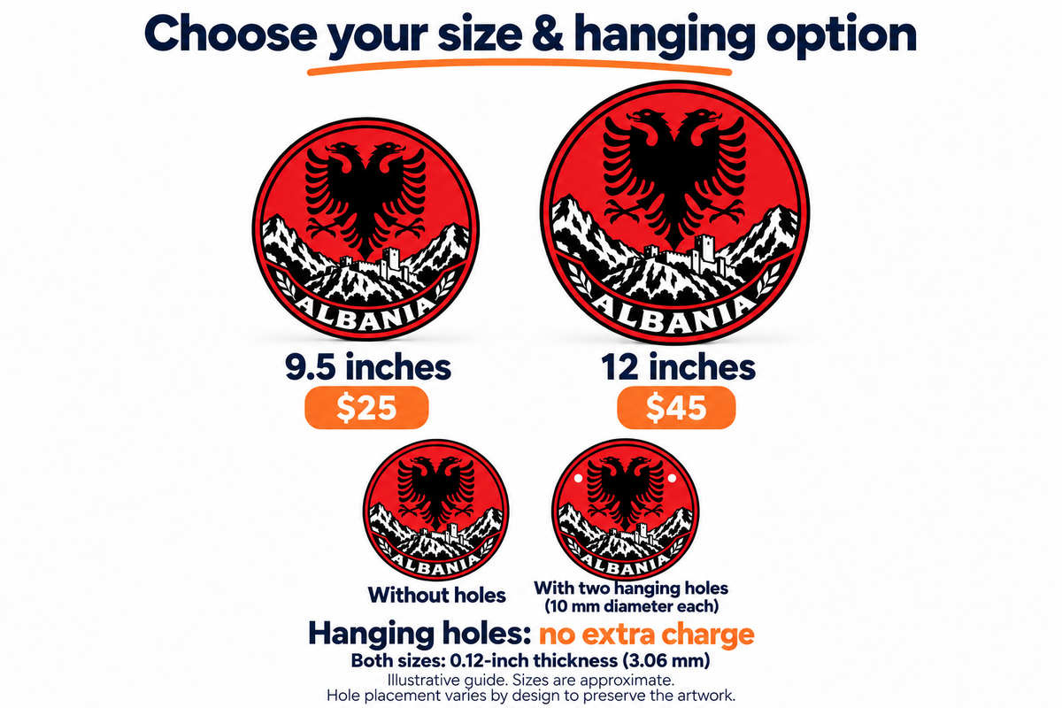 Size and hanging guide for all country seals (Albania shown as an example): 9.5 inches $25; 12 inches $45; optional two 10 mm holes at no extra charge. Hole placement varies by design.