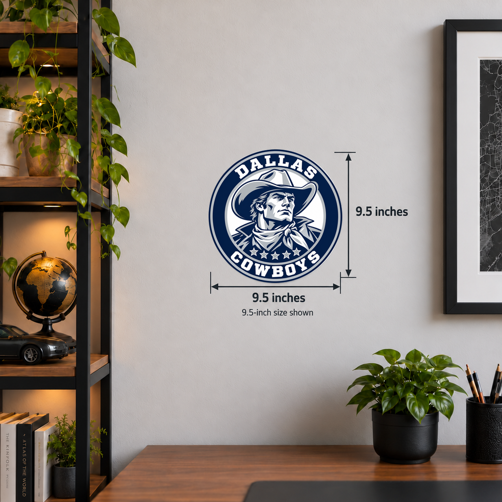 Dallas Cowboys NFL seal — wall display with 9.5-inch measurements; 9.5-inch size shown; illustrative rendering