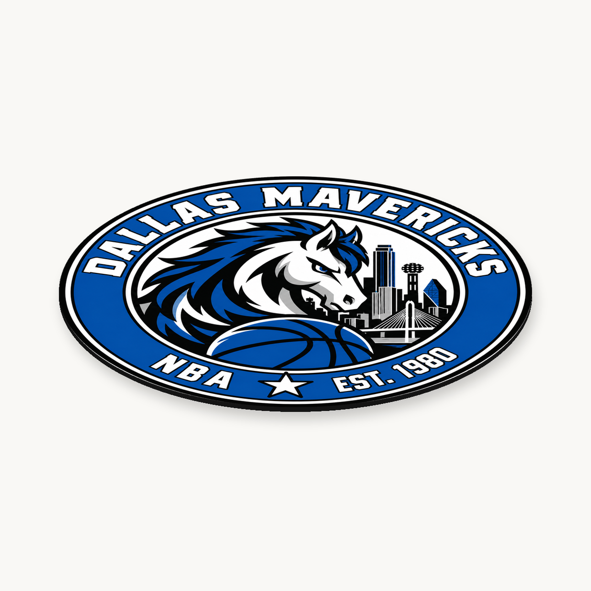 Dallas Mavericks NBA seal — angled view showing thin profile; illustrative rendering