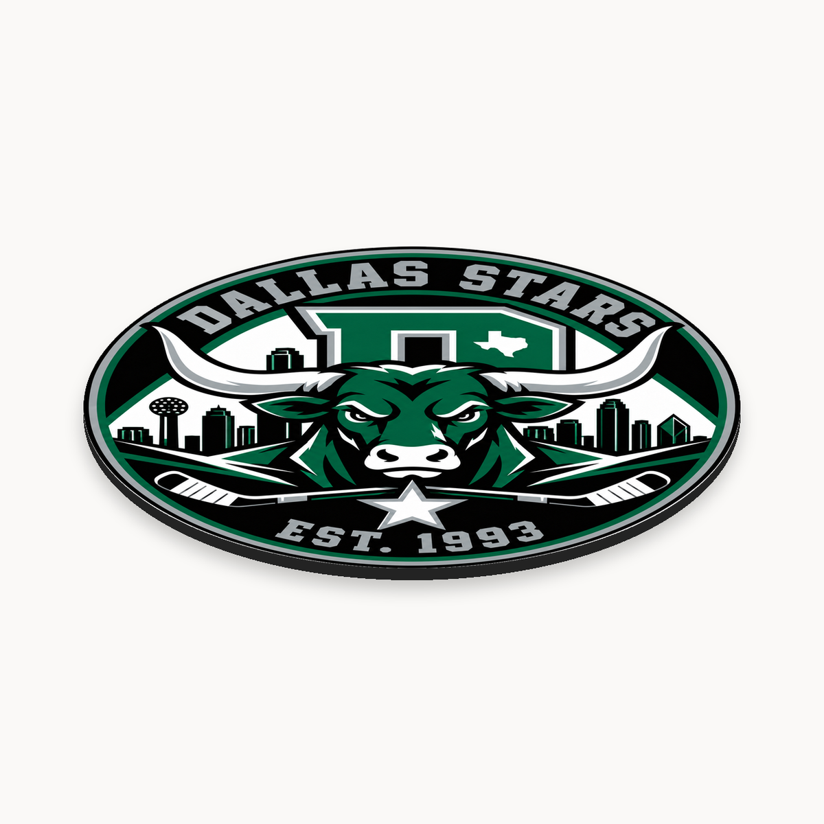 Dallas Stars NHL seal — angled thin-profile view; illustrative rendering