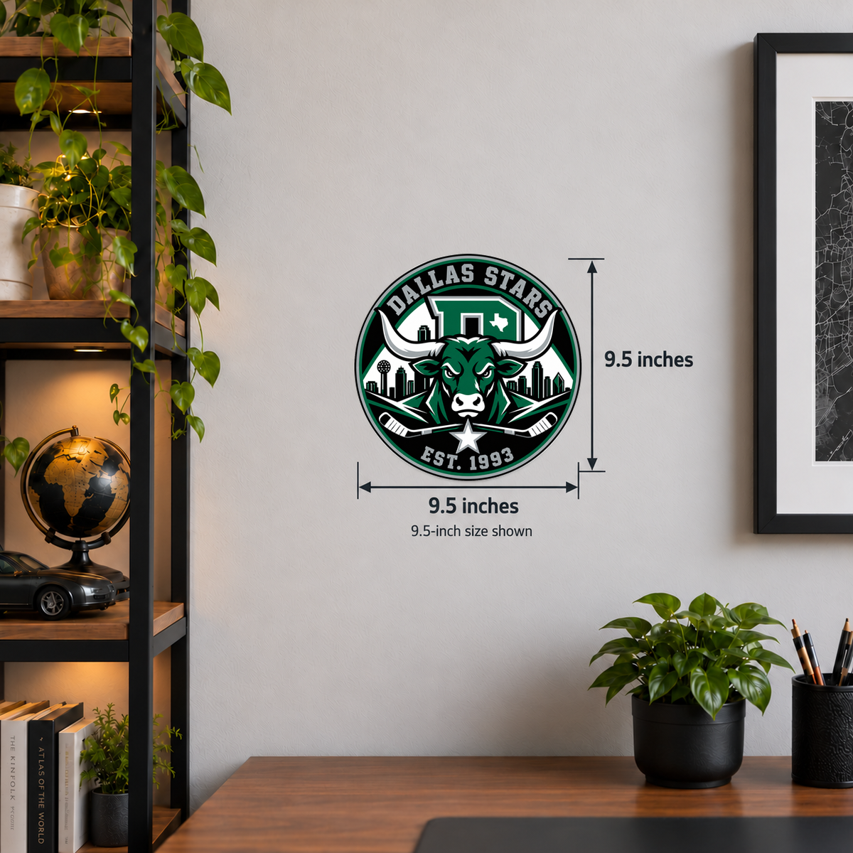 Dallas Stars NHL seal — wall display with 9.5-inch measurements; 9.5-inch size shown; illustrative rendering