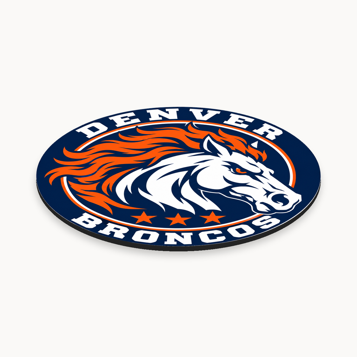 Denver Broncos NFL seal — angled thin-profile view; illustrative rendering