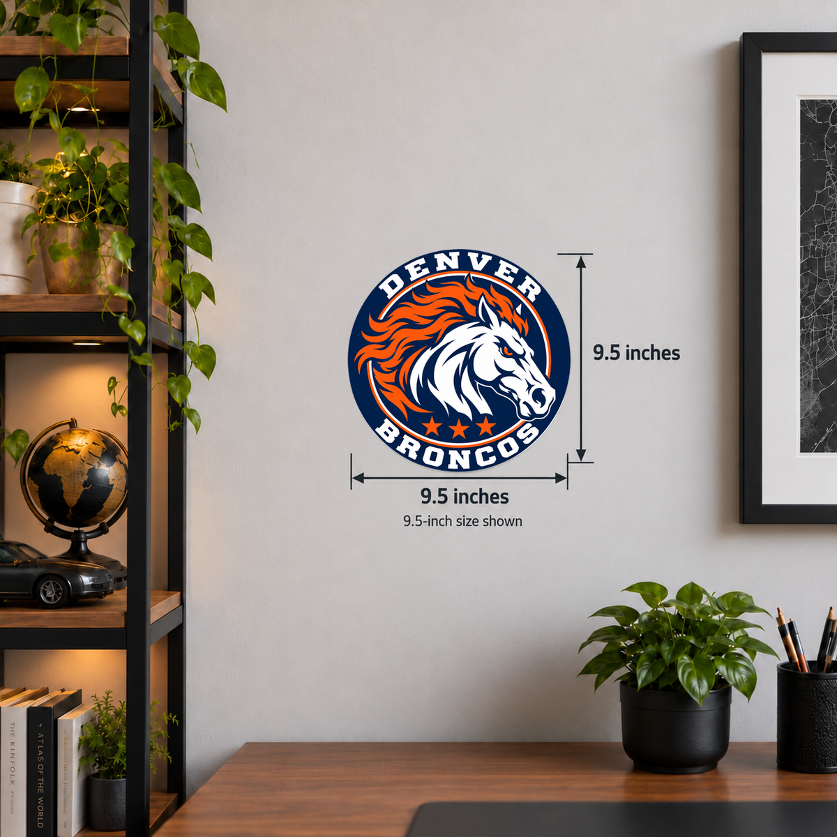 Denver Broncos NFL seal — wall display with 9.5-inch measurements; 9.5-inch size shown; illustrative rendering