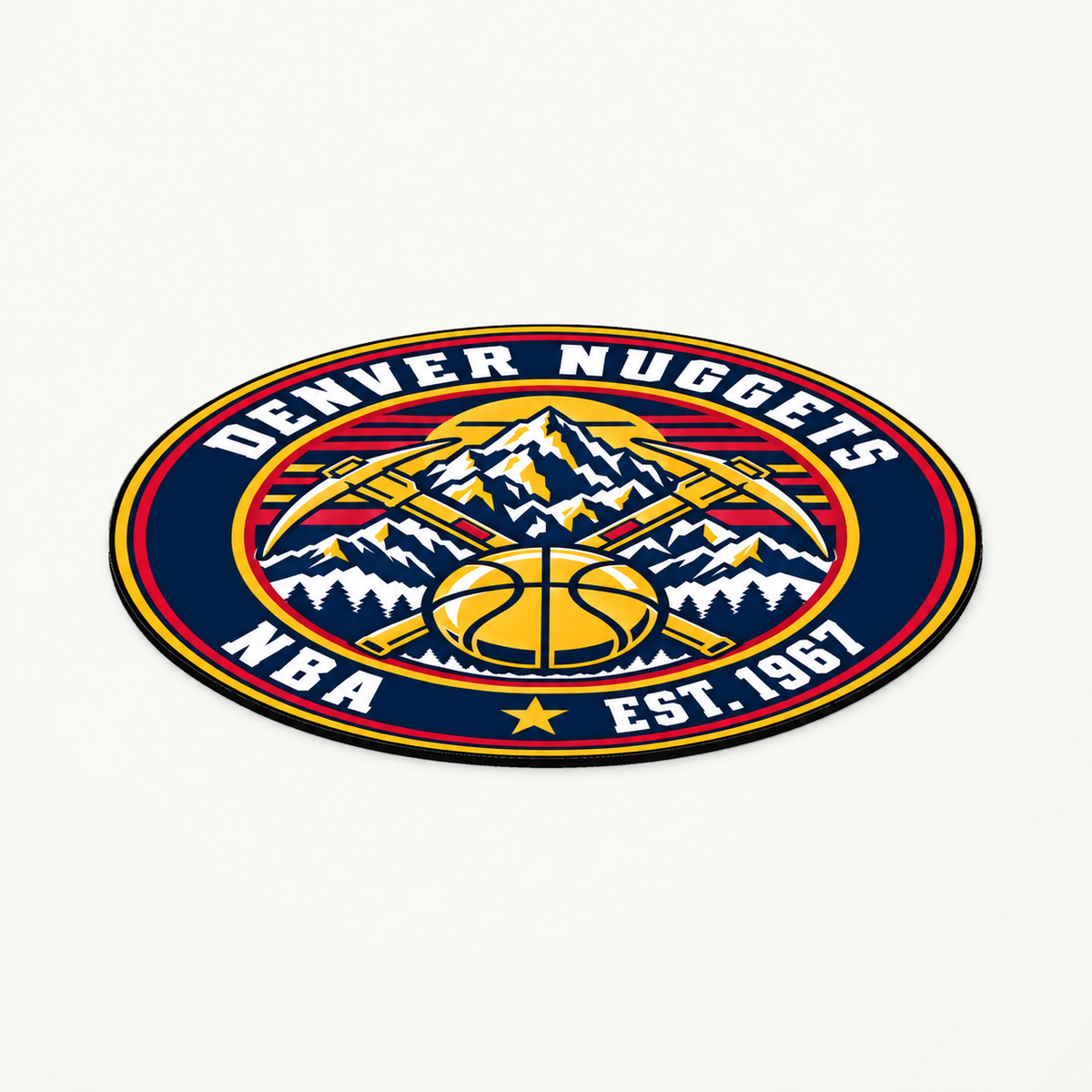 Denver Nuggets NBA seal — angled view showing thin profile; illustrative rendering