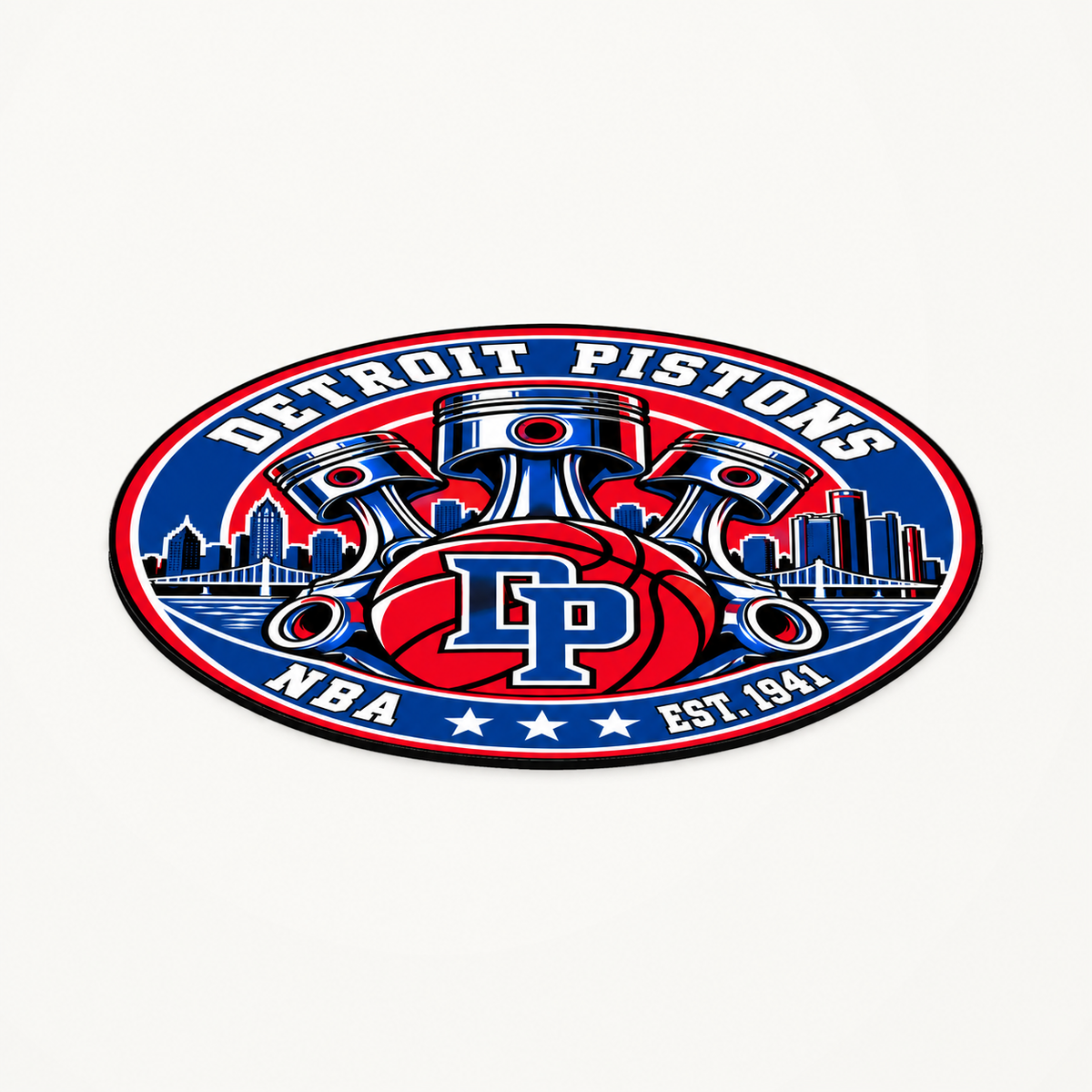 Detroit Pistons 3D-printed NBA seal — angled view showing the thin profile; illustrative rendering