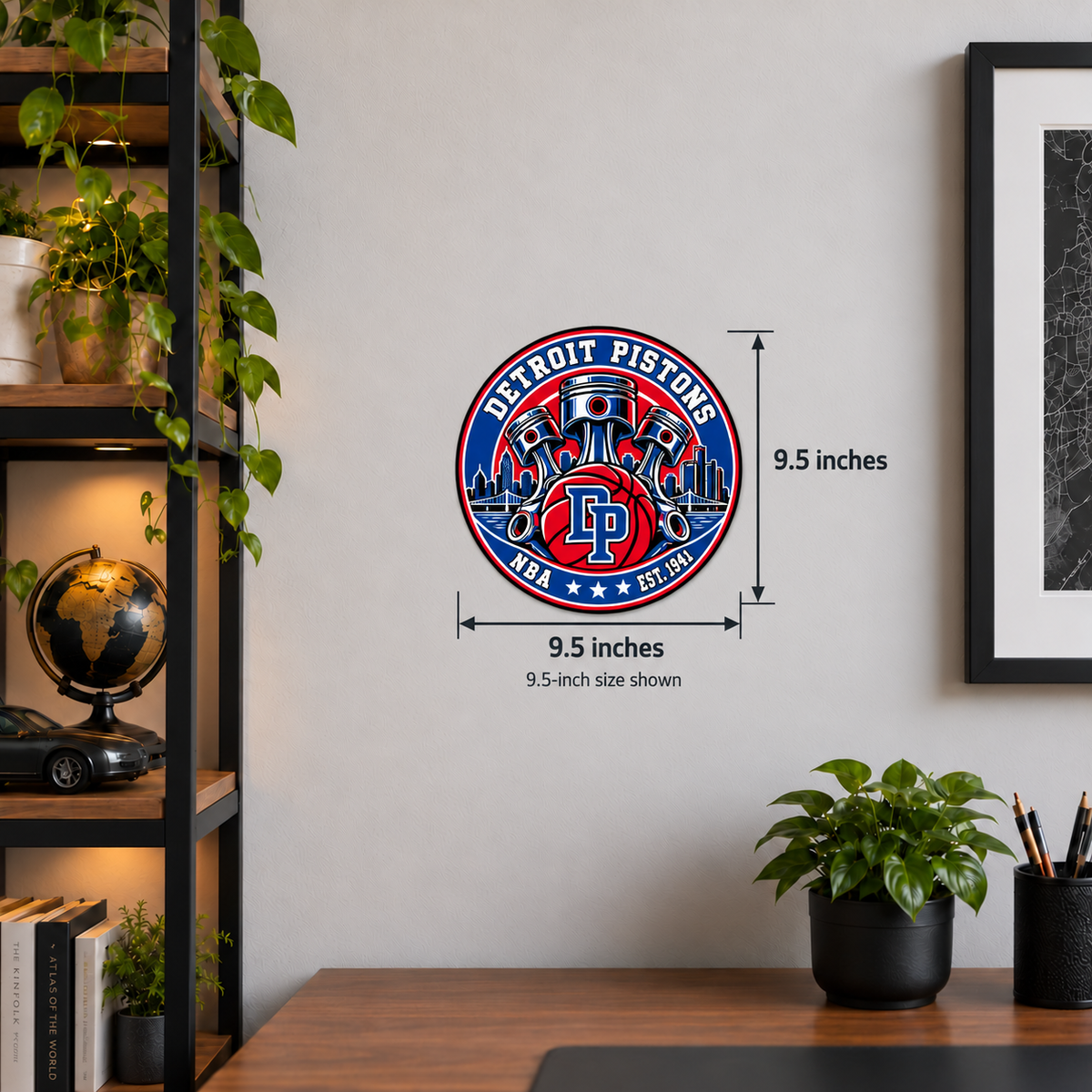 Detroit Pistons NBA Seal — wall display with horizontal width and vertical height measurements of 9.5 inches; 9.5-inch size shown