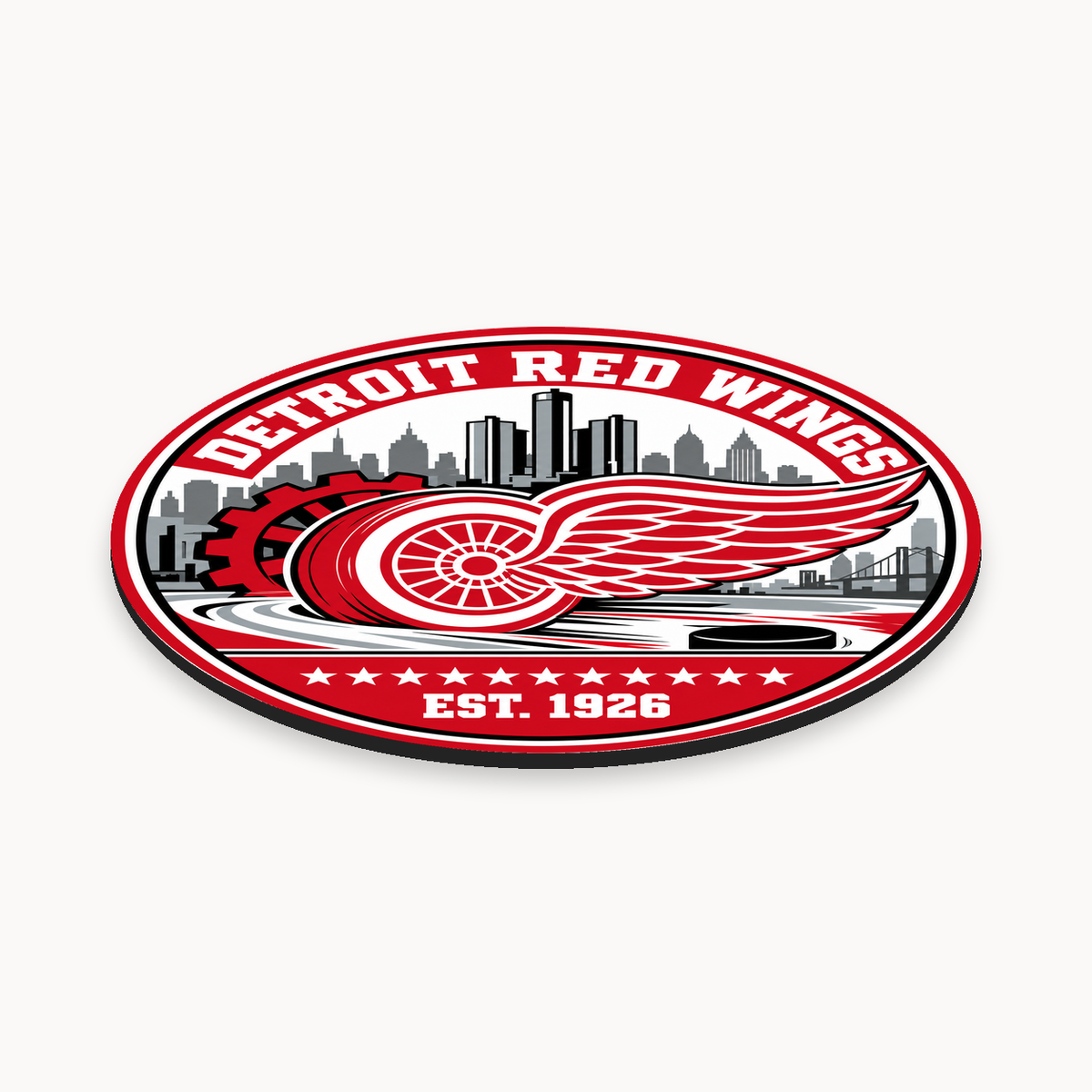 Detroit Red Wings NHL seal — angled thin-profile view; illustrative rendering