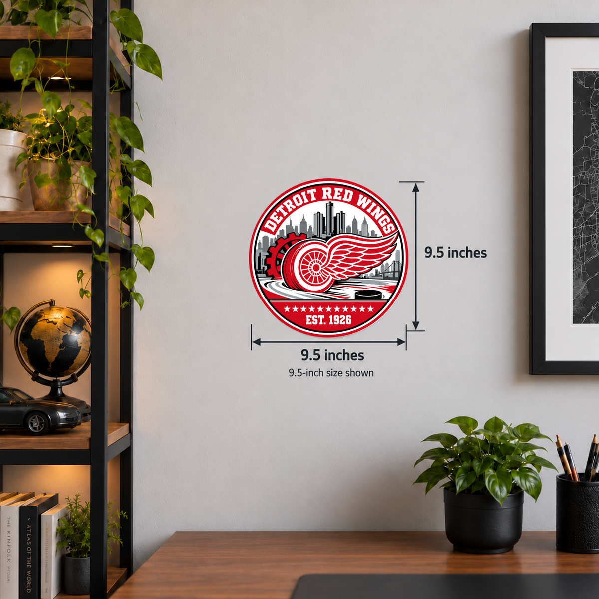 Detroit Red Wings NHL seal — wall display with 9.5-inch measurements; 9.5-inch size shown; illustrative rendering