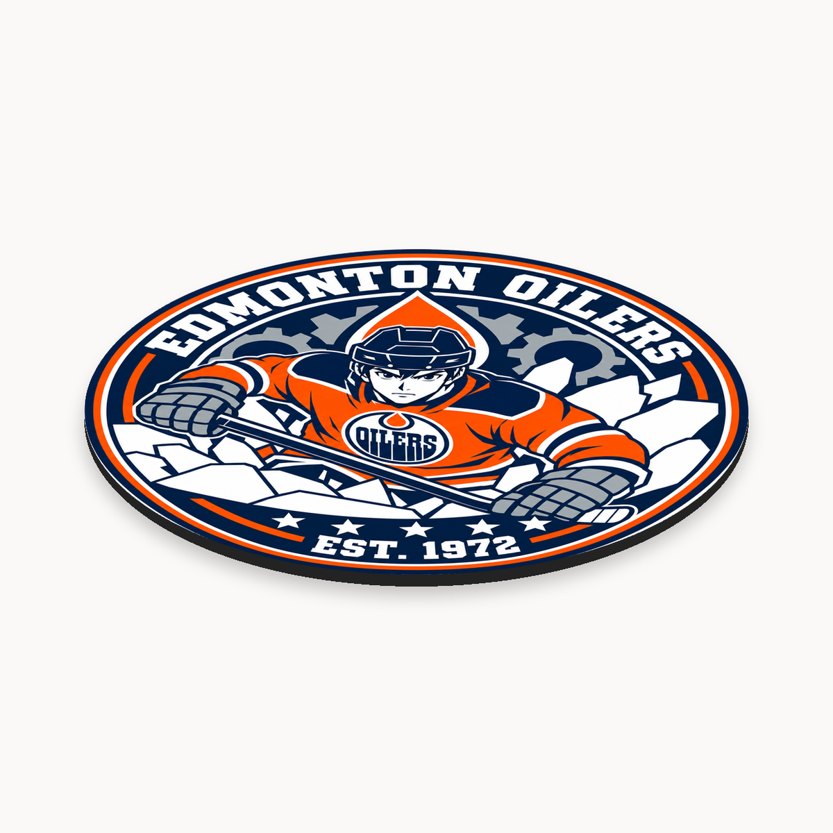 Edmonton Oilers NHL seal — angled thin-profile view; illustrative rendering