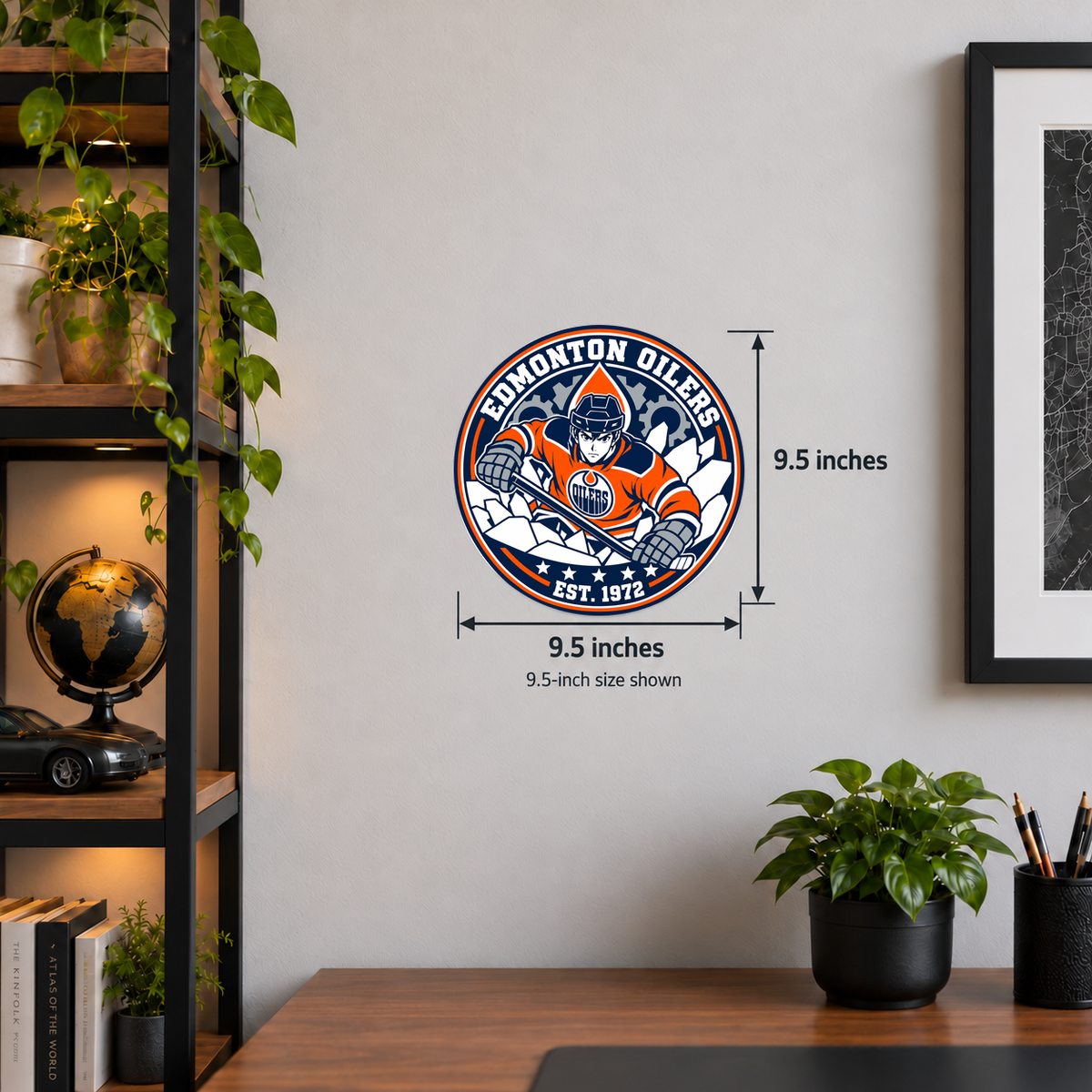 Edmonton Oilers NHL seal — wall display with 9.5-inch measurements; 9.5-inch size shown; illustrative rendering