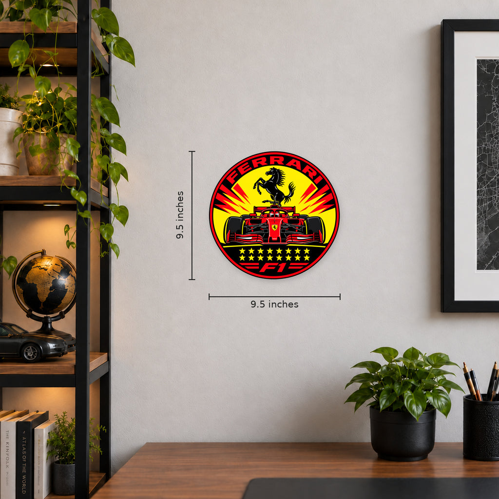 Ferrari F1 Team Seal — example wall display with 9.5-inch width and height guides; illustrative rendering