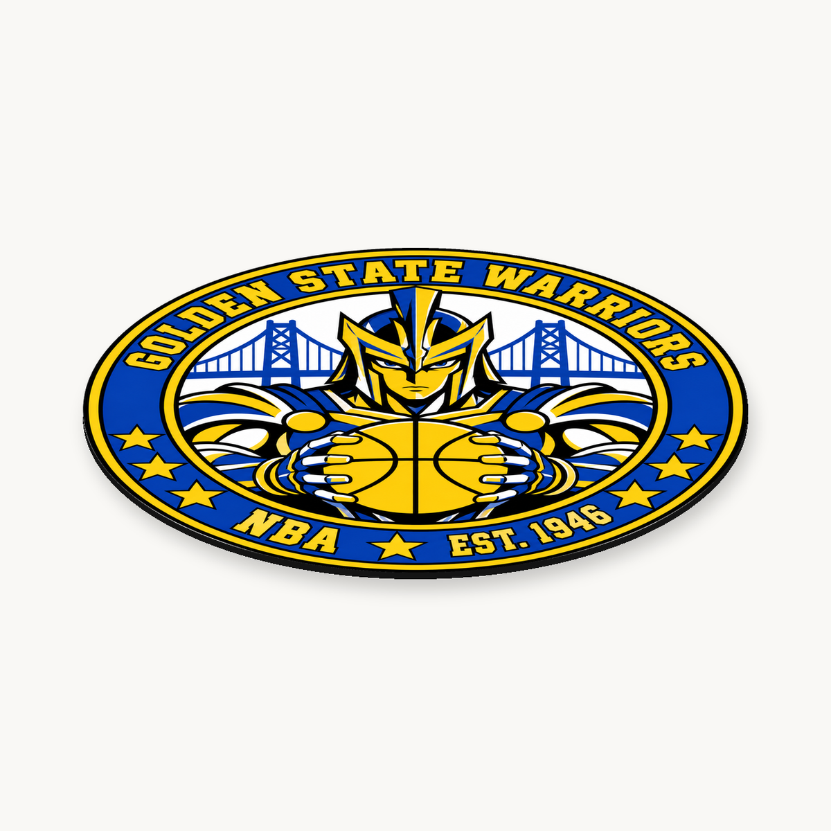 Golden State Warriors NBA seal — angled view showing thin profile; illustrative rendering