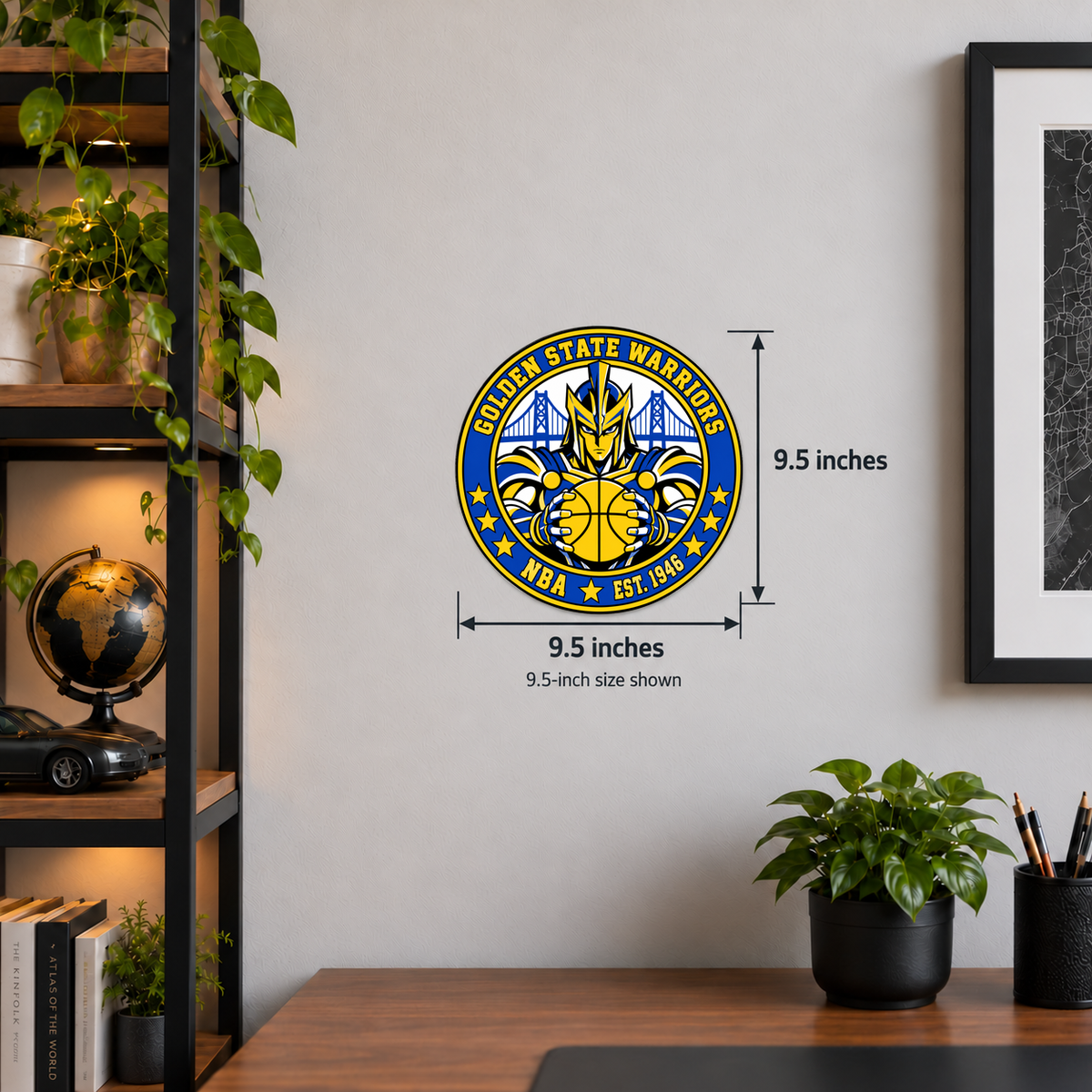 Golden State Warriors NBA seal — wall display with 9.5-inch width and height measurements; 9.5-inch size shown; illustrative rendering