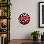 Haas F1 Team Seal — example wall display with 9.5-inch width and height guides; illustrative rendering