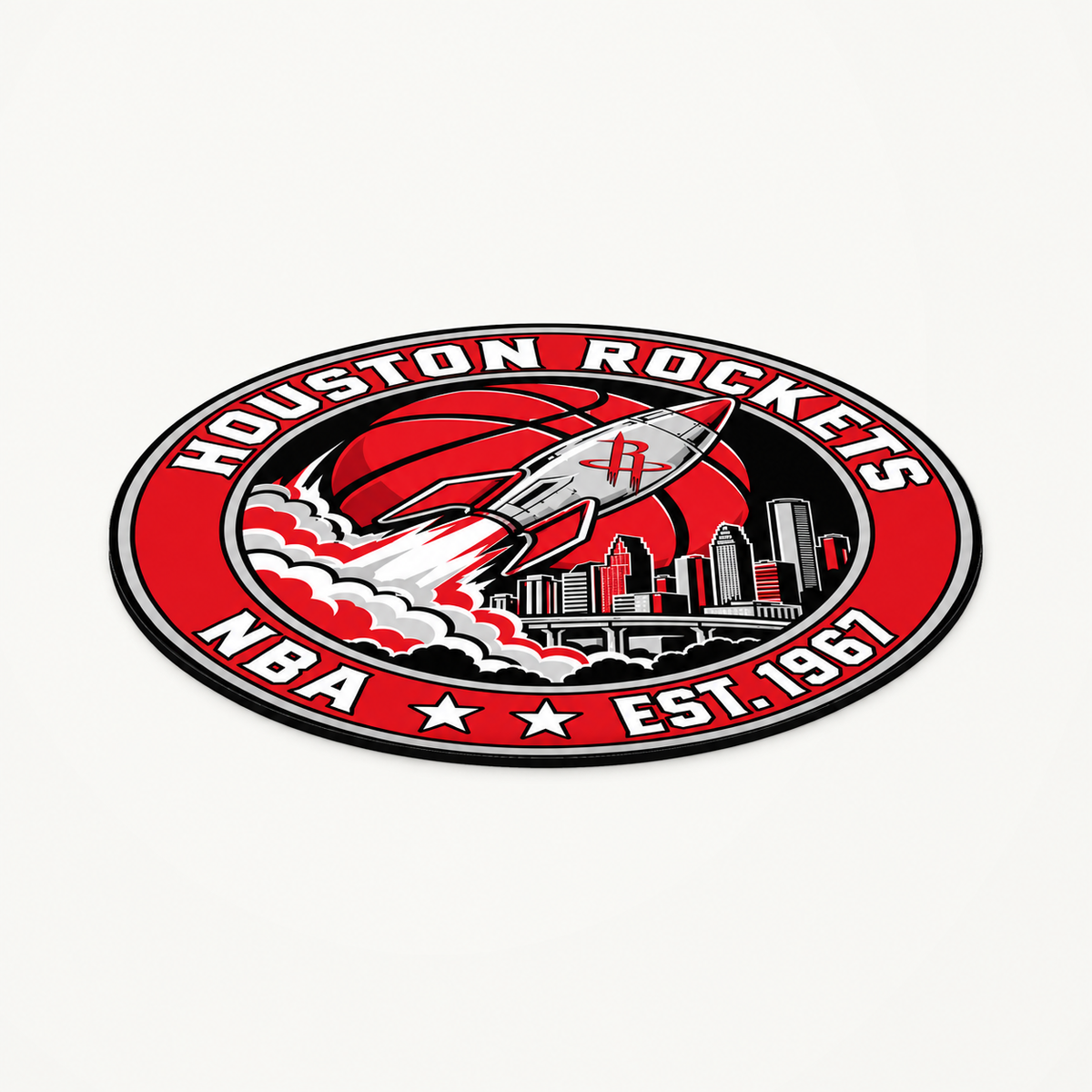 Houston Rockets NBA seal — angled view showing thin profile; illustrative rendering