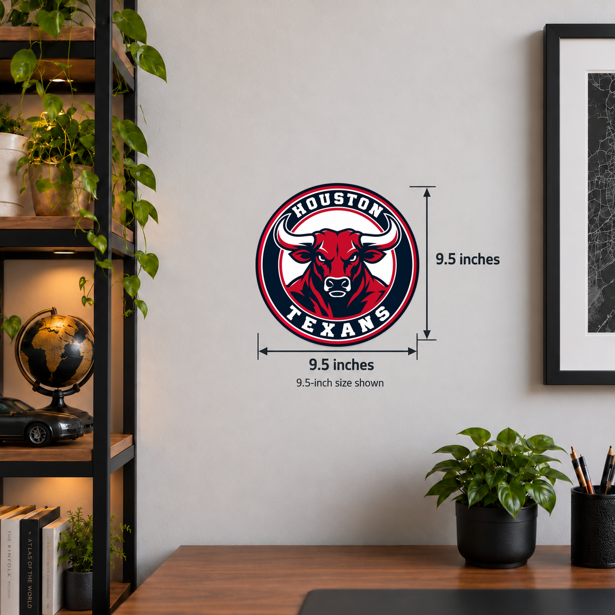 Houston Texans NFL seal — wall display with 9.5-inch measurements; 9.5-inch size shown; illustrative rendering