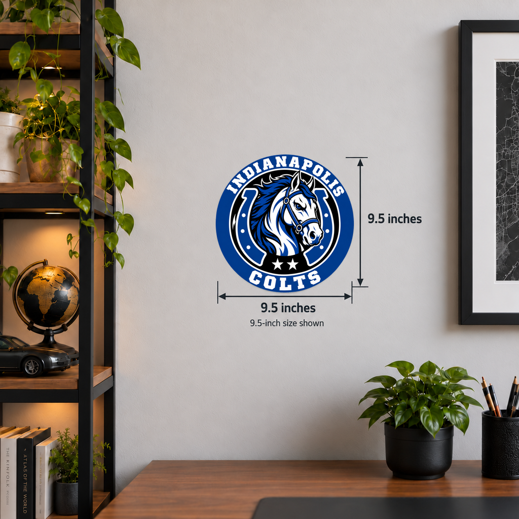 Indianapolis Colts NFL seal — wall display with 9.5-inch measurements; 9.5-inch size shown; illustrative rendering