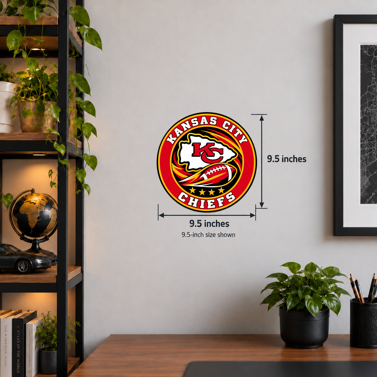 Kansas City Chiefs NFL seal — wall display with 9.5-inch measurements; 9.5-inch size shown; illustrative rendering