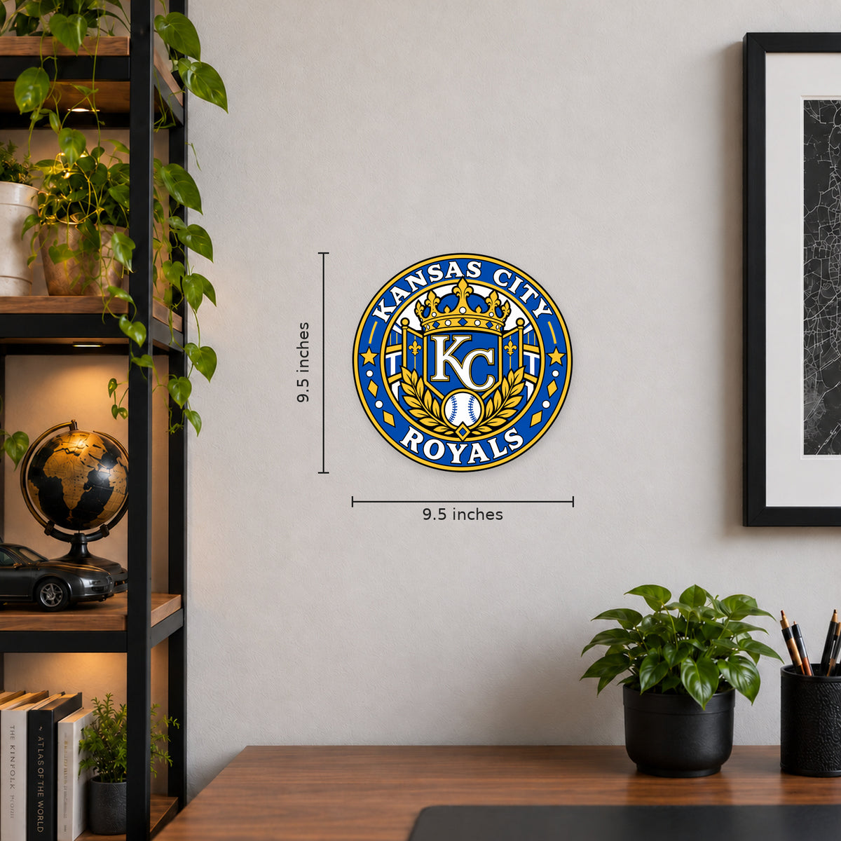 Kansas City Royals MLB Team Seal — example wall display with 9.5-inch width and height guides; illustrative rendering