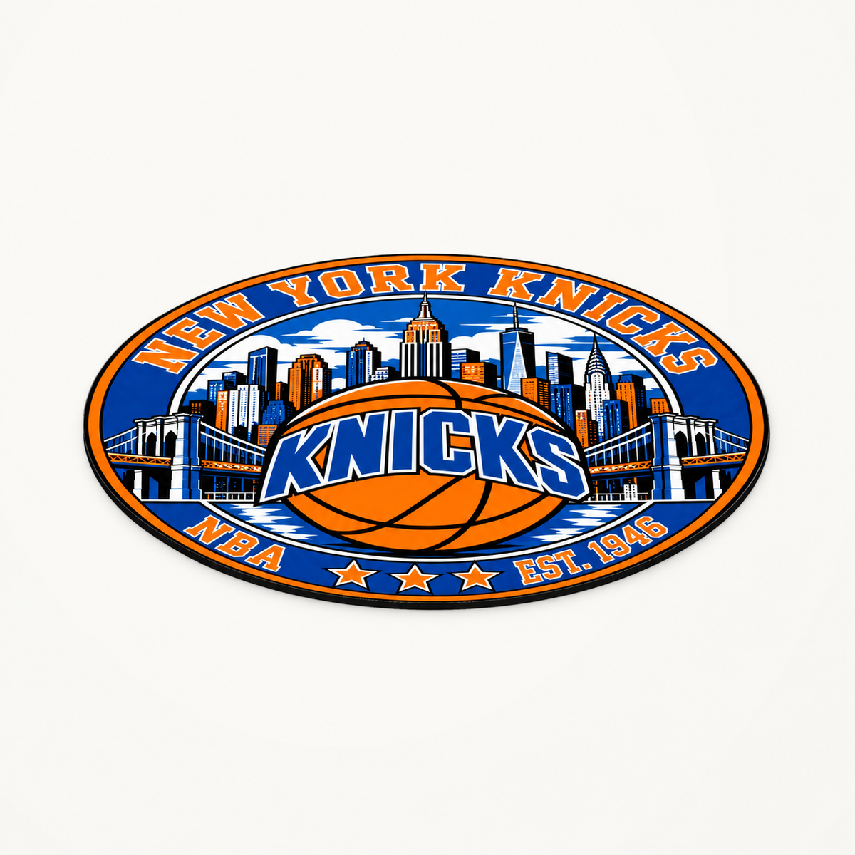 New York Knicks 3D-printed NBA seal — angled view showing the thin profile; illustrative rendering