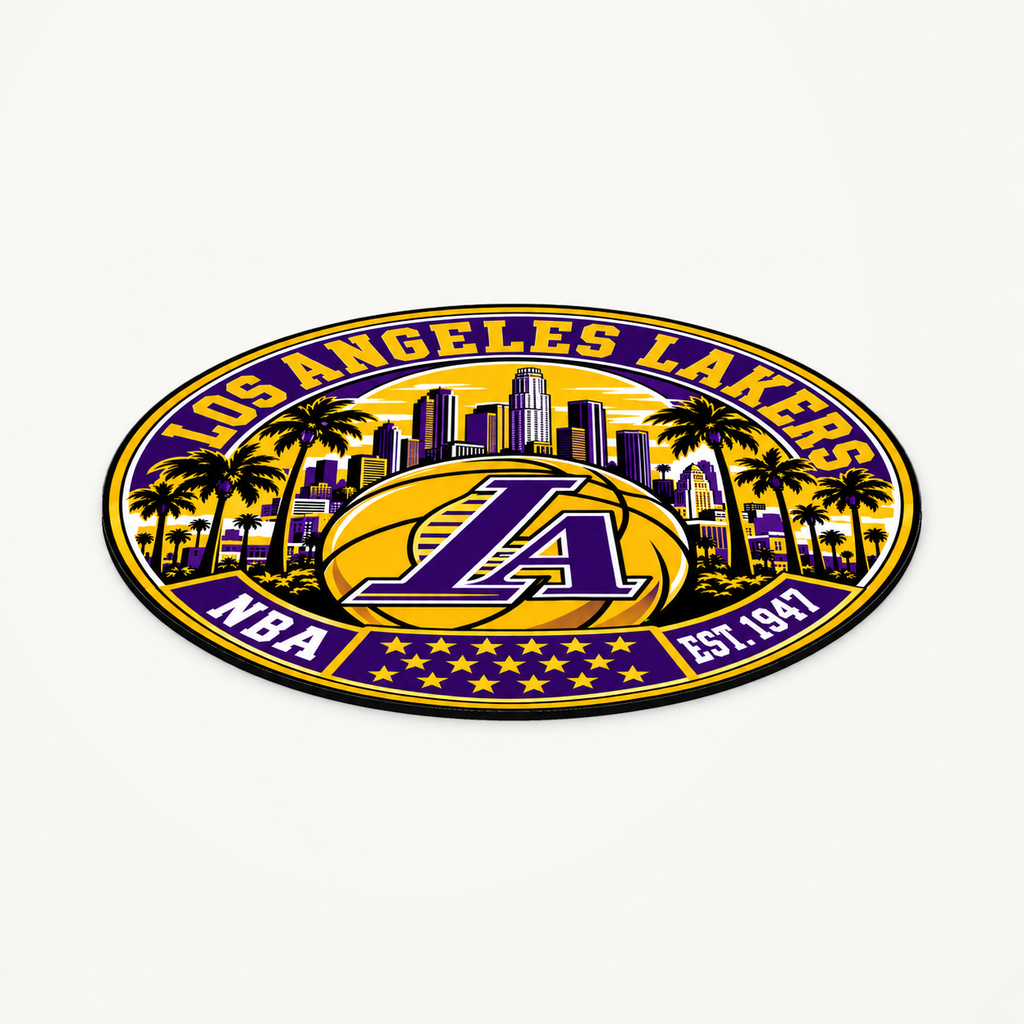 Los Angeles Lakers NBA seal — angled view showing thin profile; illustrative rendering