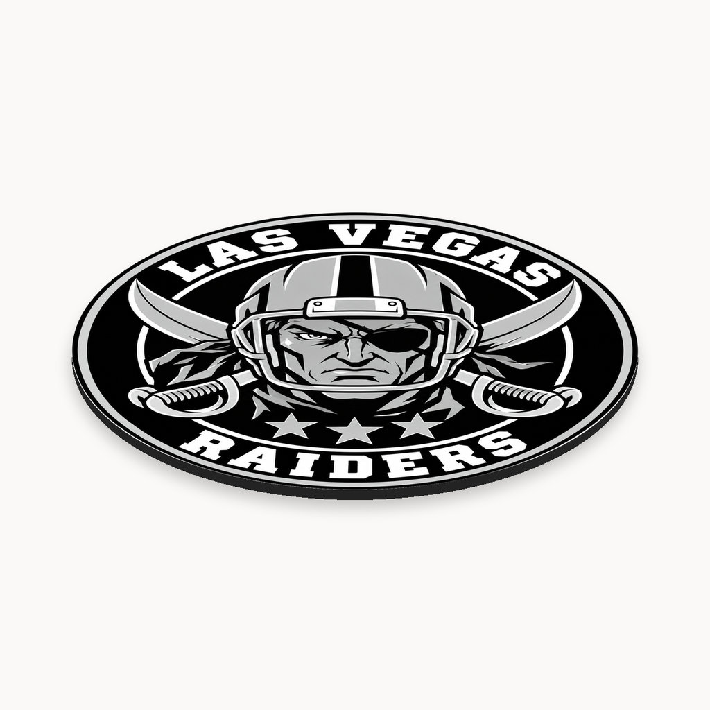 Las Vegas Raiders NFL seal — angled thin-profile view; illustrative rendering